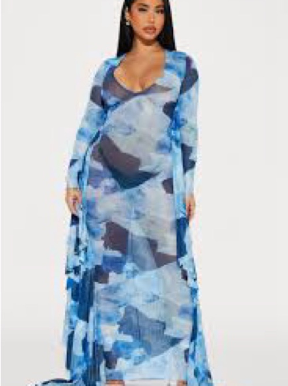 Fashion Nova Blue Printed Long Sleeve Sheer Maxi Dress